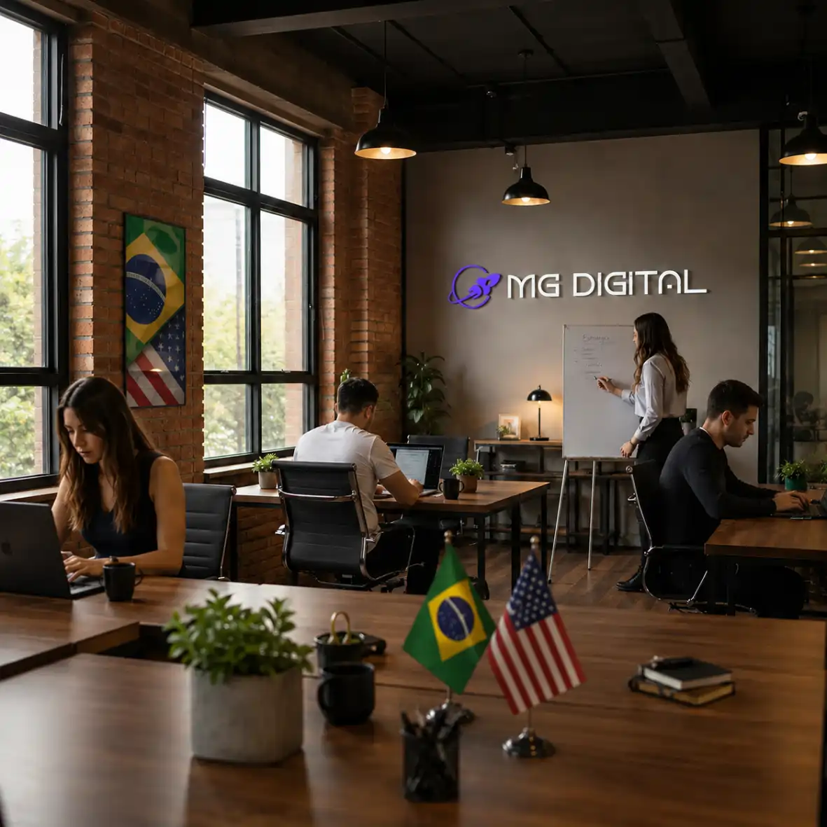 Escritório da MG Digital USA — agência de marketing digital brasileira para brasileiros nos Estados Unidos, com bandeiras do Brasil e EUA
