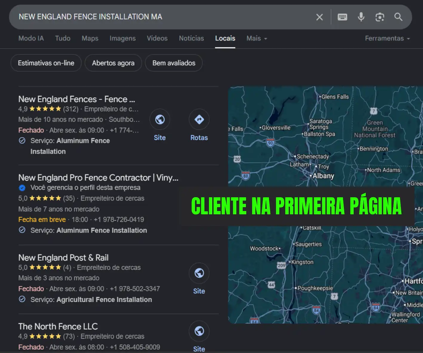 Resultado de SEO local para empresa de fence installation nos EUA — cliente MG Digital USA na primeira página do Google