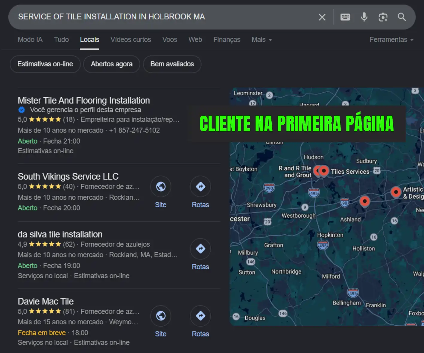 Resultado de SEO local para empresa de tile installation nos EUA — cliente MG Digital USA na primeira posição do Google