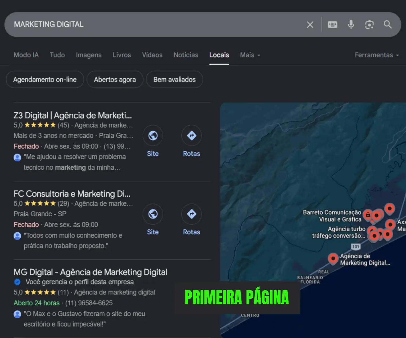 Resultado de SEO para agência de marketing digital nos EUA — MG Digital na primeira página do Google
